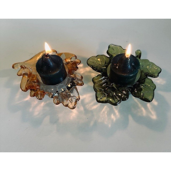 Vintage Maple Leaf Green & Orange Glass Votive Tea Light Candle Holder Set - Picture 12 of 12